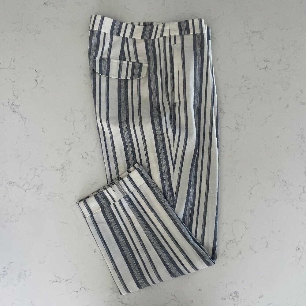 RW&CO. Stylish Comfy Linen + Poly Pleated Front Striped Pants Blue Cream Sz S
